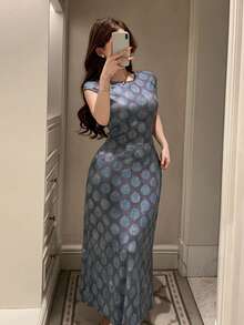 Sleeveless Geometric Polka Dot Print Waist Cinched Long Nightgown For Women, Summer - Blue - View 1