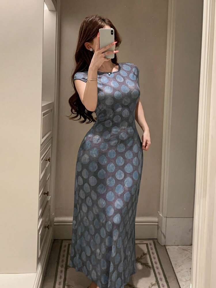 Sleeveless Geometric Polka Dot Print Waist Cinched Long Nightgown For Women, Summer