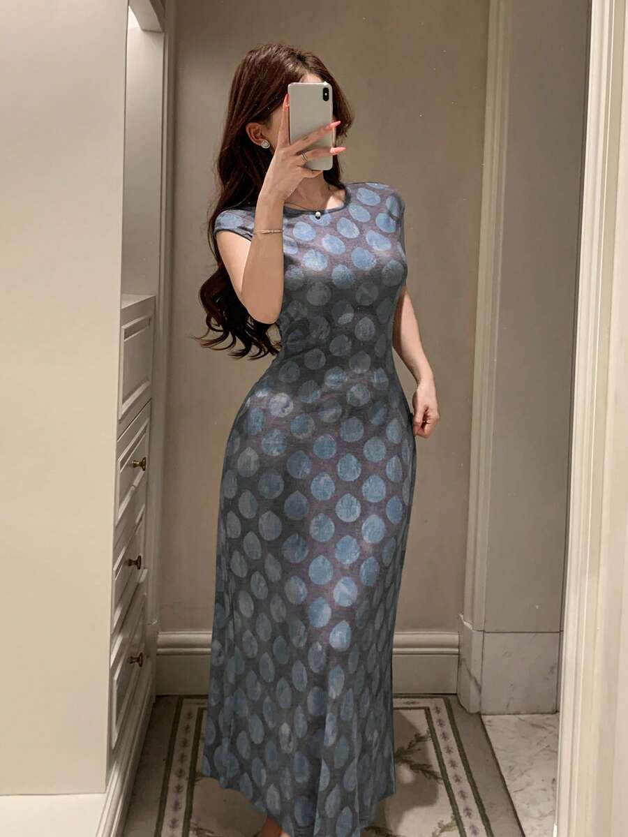 Sleeveless Geometric Polka Dot Print Waist Cinched Long Nightgown For Women, Summer - Blue - View 1