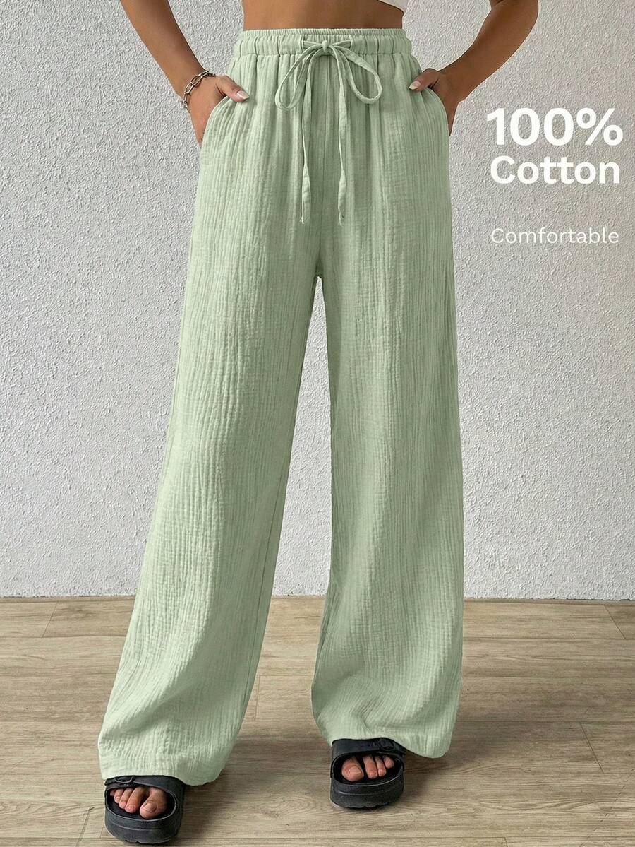 SHEIN EZwear 薄荷绿棉质宽松纹理褶皱抽绳腰裤 - 薄荷綠 - 查看 1