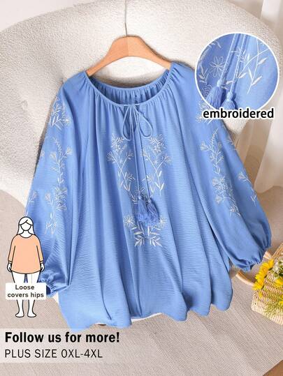 CosyJoli Plus Size Women Blue Casual Blouse, Embroidered Shirt, 3/4 Sleeve Shirt Lantern Sleeve Blouse Puff Sleeve Blouse Blue Blouse For Women Women's Blouse