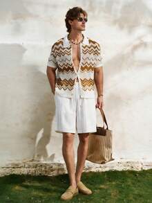 Airaco 新款夏季男士条纹纹理修身休闲抽绳弹力腰短裤 - 米色 - 查看 5