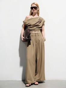 Aveloria Modichic 摩卡卡其色极简都市不对称褶皱设计上衣+高腰褶皱阔腿裤女装两件套，休闲通勤优雅百搭弹力腰宽松阔腿裤两件套 - 卡其色 - 查看 6