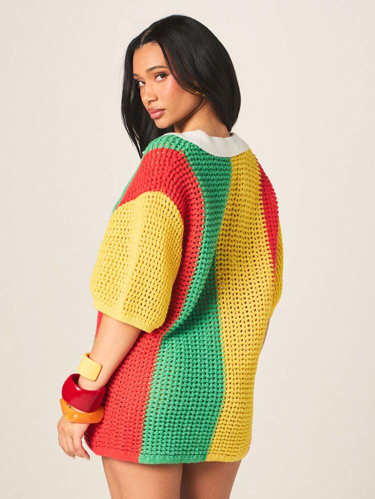 Missguided x Playboy Women's Oversized Crochet Knit Polo Top With Script Logo And Colorblock Stripes V-Neck Short Sleeve Summer Top