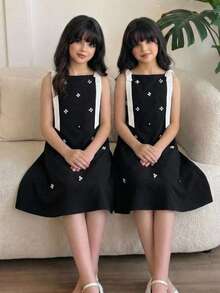 SHEIN 少女优雅珍珠装饰撞色蝴蝶结宽松A字连衣裙 - 杏色 - 查看 4
