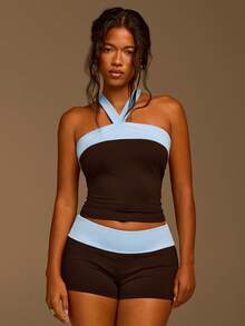 Athîral 女士休闲度假露肩吊带撞色无袖上衣和短裤两件套，春夏款 - 彩色 - 查看 4