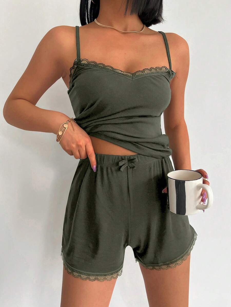 RueChic 95% Cotton Women's Lace Edge Cami Pajama Set - Khaki - View 1