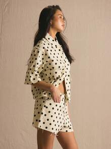 MUSERA 波点牛仔超大款套装上衣，春夏舒适可爱日常少女风度假阳光社交装 - 米色 - 查看 3