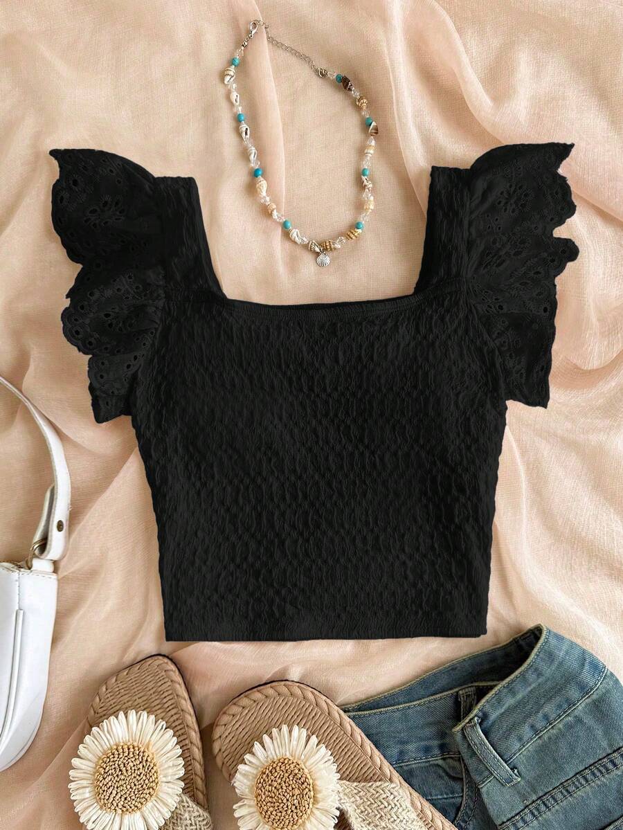 SHEIN 少女休闲度假风拼接刺绣蕾丝纹理针织修身短款方领T恤上衣，黑色 - 黑色 - 查看 1
