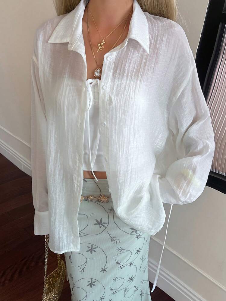 Women's Turndown Collar Long Sleeve Semi-Sheer Cinched Waist Loose Vacation Blouse Summer