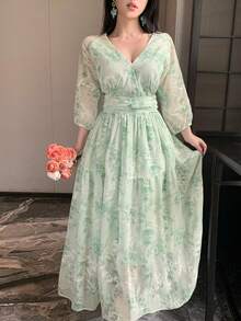 Vivie Lora 绿色女士V领修身中长款印花连衣裙 - 綠色 - 查看 6