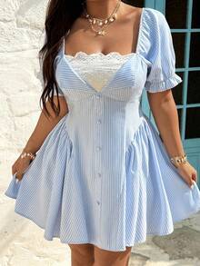 Sunnyshic Sweet & Spicy Striped Casual Waist Cinched Embroidered Ruffle Puff Sleeve Women Dress - Blue - View 1