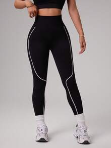 Seamluxe SHEIN Sport 女士无缝黑色白条纹裤 - 黑色 - 查看 3