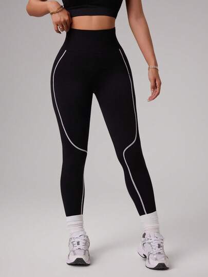 Seamluxe SHEIN Sport Women's Seamless Black Pants With White Stripes