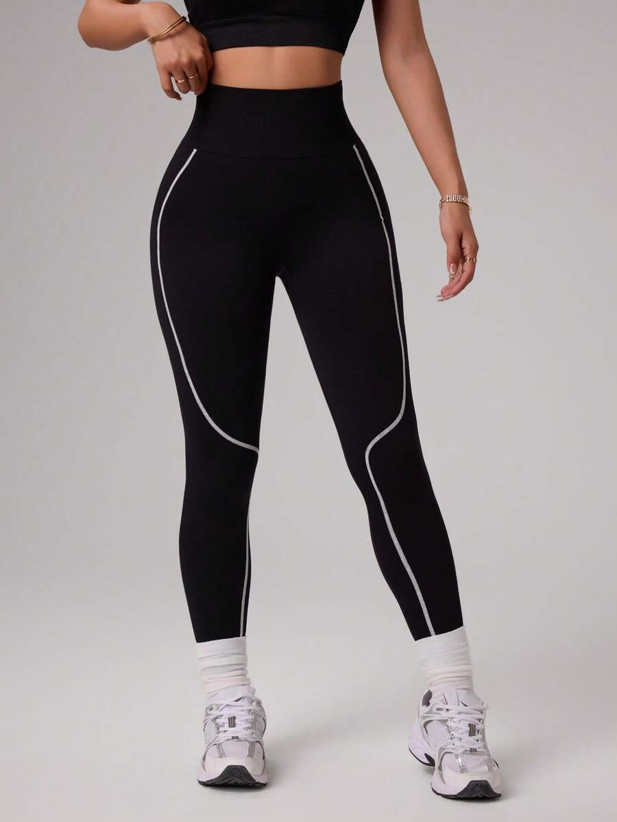 Seamluxe SHEIN Sport Quần dài nữ màu đen không đường may với sọc trắng - màu đen - Xem 1