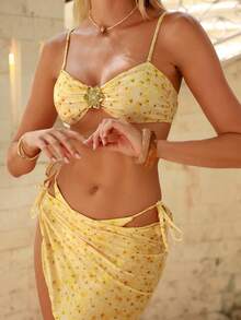 Swim Mod Conjunto de bikini con estampado floral sexy para mujer con pareo y falda para el verano - Amarillo - Ver 3