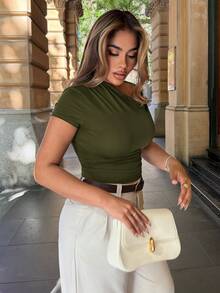 Maria Perezxox Áo hở vai lệch vai tối giản, thanh lịch, gợi cảm dành cho nữ, áo cánh đa năng, thường ngày cho mùa hè - xanh quân đội - Xem 4