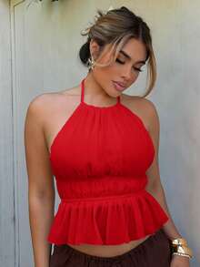 Maria Perezxox Women's Pleated Halter Neckline Waist-Tied Backless Tank Top - Burgundy - View 5