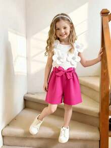 Elladie kids 女童碎花吊带连体衣，玫红色，甜美舒适，配大碎花腰带，夏季休闲女童装，粉色蝴蝶结套装，女童蝴蝶结服装，儿童优雅女童套装，优雅女童套装，女童蝴蝶结套装 - 玫紅色 - 查看 3