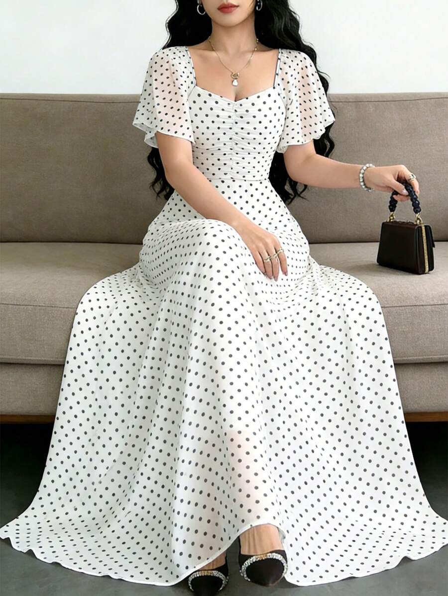 Modelyn 波点印花时尚方领短袖设计女士简约长连衣裙，夏季收腰优雅长裙，适合夏季度假和日常穿着 - 彩色 - 查看 1