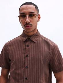 SUMWON Men's Brown Striped Short Sleeve Button Down Shirt Regular Fit Casual Summer Spring Collared Top - Brown - View 5