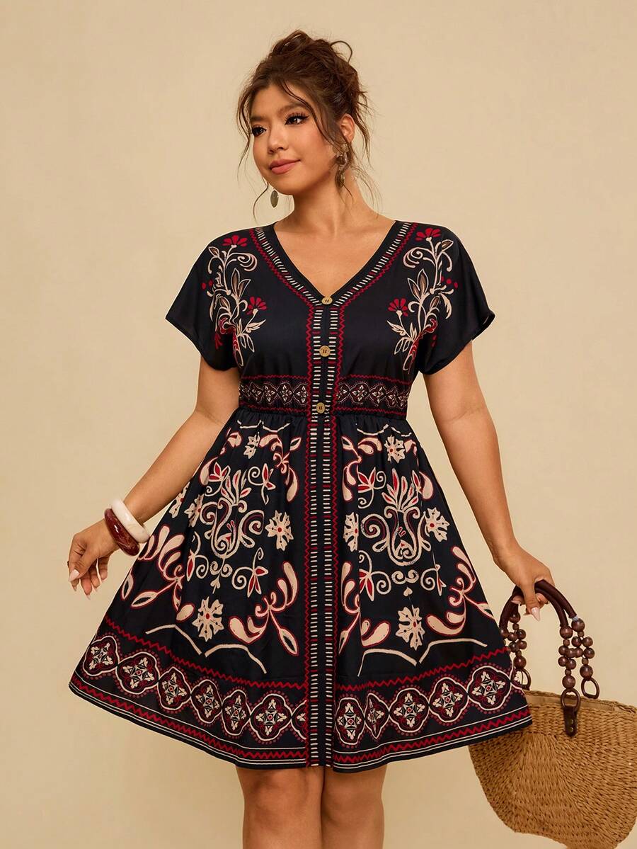 Travachic Vestido de manga corta con cuello en V y estampado floral para tallas grandes - Multicolor - Ver 1