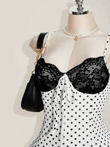 SHEIN ICON 大码女式波点撞色蕾丝连衣裙 - 黑與白 - 查看 5