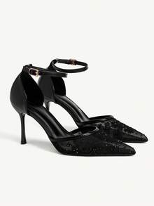 CUCCOO CHICEST 女士尖头网眼黑色踝靴，镶钻装饰，性感时尚细高跟凉鞋 - 黑色 - 查看 1