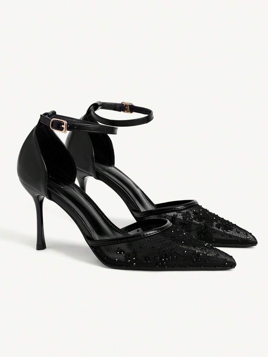 CUCCOO CHICEST 女士尖头网眼黑色踝靴，镶钻装饰，性感时尚细高跟凉鞋 - 黑色 - 查看 1