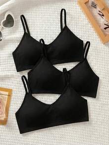 SHEIN 3pcs Tween Girls' Simple Basic V-Neck Padded & Breathable Lingerie Set Black Tween Girl - Black - View 6