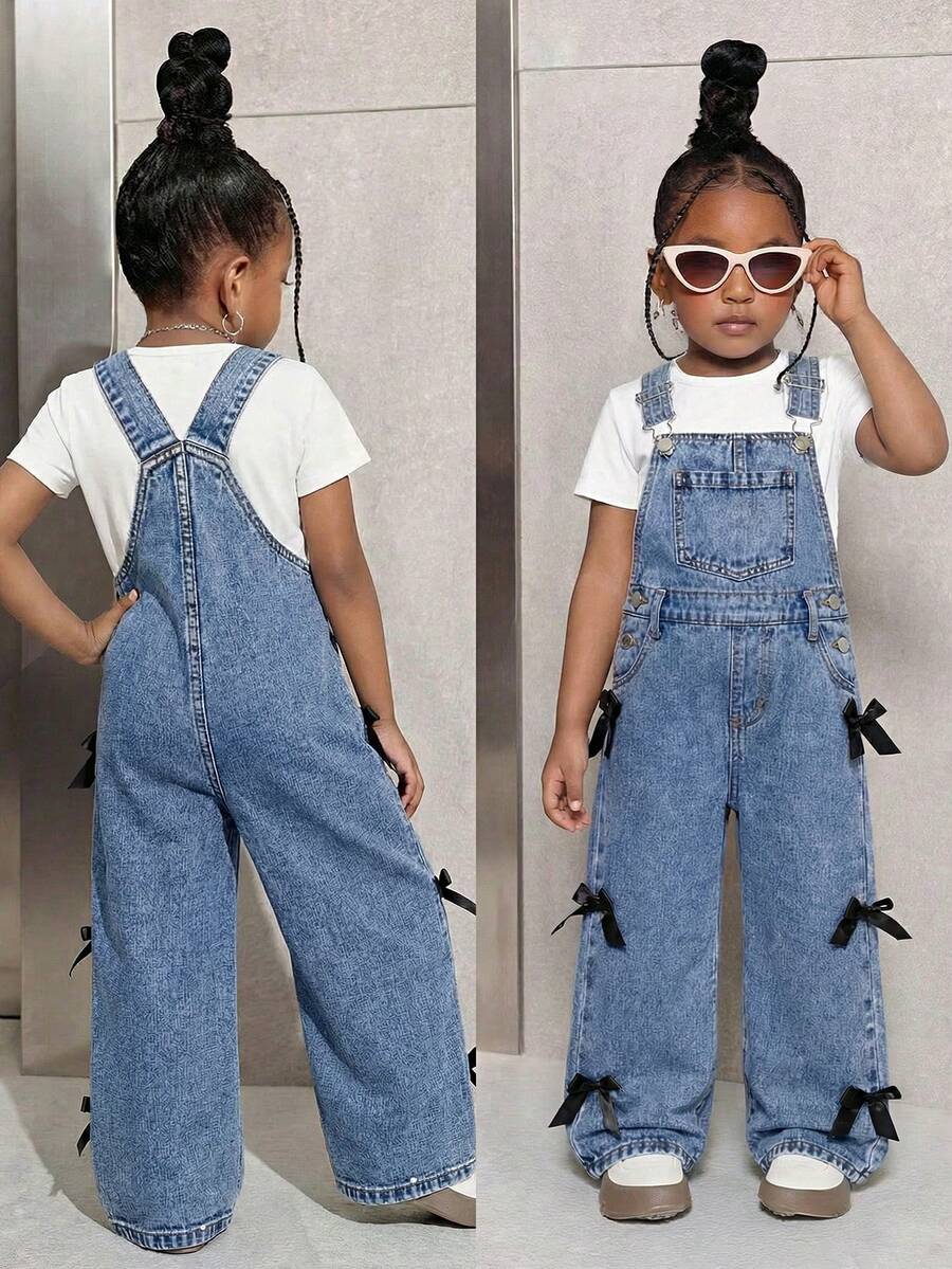 Young Girls Denim Bib Pants And Jumpsuit New Casual Fashion Personalized Sweet Retro Cute Bow Design Ladylike Sweet Style Bib Pants - Blue - View 1