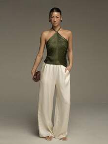 COSMINA Áo tank top không tay cổ yếm tua rua thanh lịch dành cho nữ, mang đến cảm giác nghỉ dưỡng, đa năng cho các buổi đi chơi, hẹn hò, ngày Valentine. - màu xanh lá - Xem 3