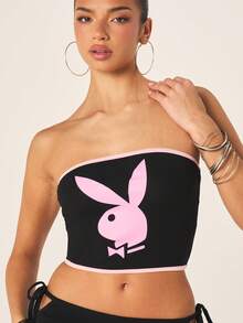 Missguided x Playboy Bandeau Crop Top With Pink Bunny Logo Print Strapless Tube Style Summer Festival - Black - View 4