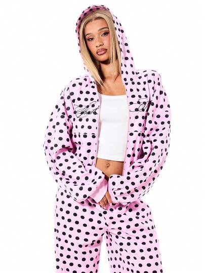 SUMWON WOMEN Sudadera con capucha oversize y cremallera con estampado de lunares en contraste para capas cálidas en otoño e invierno