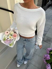 Muchica Fashionable Rhinestone Embellished Asymmetrical Shoulder Knit Sweater - White - View 4