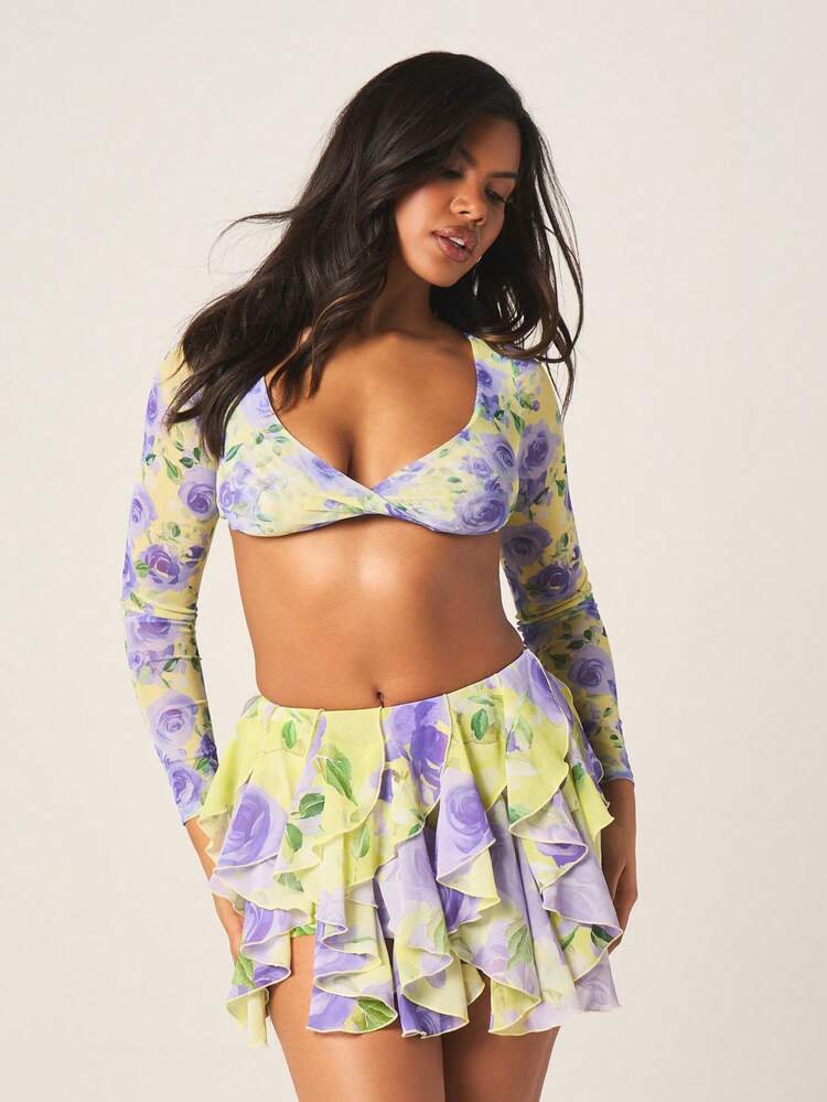 MISSGUIDED Women's Floral Ruffle Mini Skirt Purple Rose Print Summer Beach Party Festival Feminine Style