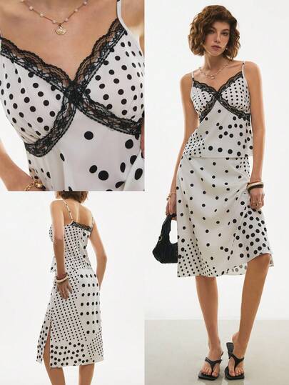 Poéselle Women's Lace Polka Dot Print Camisole And Skirt 2 Pieces Set,Polka Dot Lace Slip Dress For Women, Spaghetti Strap Midi Summer Dress, Elegant Black And White Party Outfit,Summer 2 Pieces Set,French-Style 2 Pieces Set,Holiday, Beach Vacation, Elegant Party