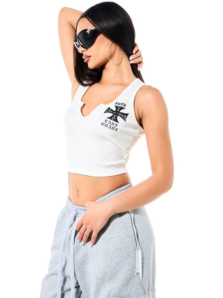 SUMWON White Ribbed Tank Top With Black Cross Logo Print V-Neck Sleeveless Casual Summer Cropped Top For Women Streetwear Fashion