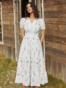 Gaivellea 女士夏季法式优雅休闲设计蕾丝拼接V领短袖收腰长款纹理印花休闲连衣裙 女士碎花中长连衣裙 优雅碎花连衣裙 - 白色 - 查看 4