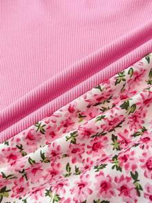 Tween Girls Ditsy Floral T-Shirt Shorts Co-Ord Set,Cute Pastel Pink Ribbed Knit Top & Patterned Shorts 2 Pc Summer Vacation Holiday Outfits For Girl - Pink - View 5
