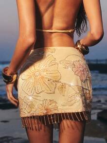 Opulessa Summer Spring Going Out Festival Party Wedding Graduation Prom Elegant Women's Vacation Beach Beaded Floral Sequin Mesh Tassel Hem Skirt - Yellow - View 2