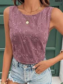 SHEIN Frenchy Áo kiểu nữ đi nghỉ mát, thêu hoa, cổ tròn, hở lưng, thắt eo, không tay. - Bụi hồng - Xem 4