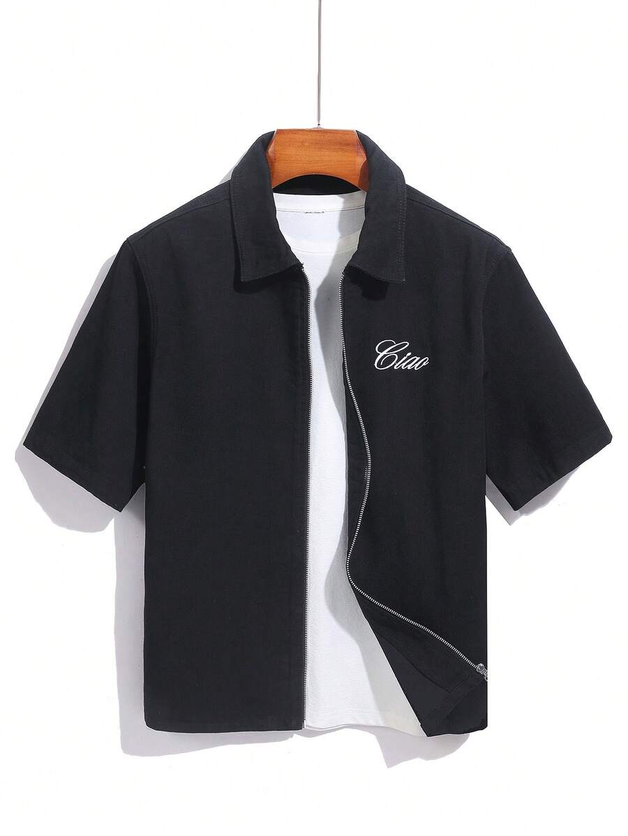 GENIUS ODE Casual & Commute Washed Black Loose Denim Jacket With Embroidered Letter, Spring/Summer - Black - View 1