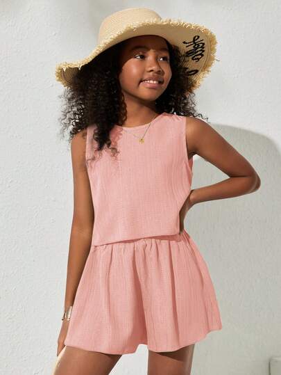 SHEIN Tween Girls' Casual Solid Color Sleeveless Woven Top And Shorts Set, Spring/Summer