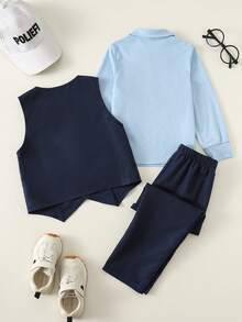 3pcs Young Boys Gentleman Elegant Urban White Long Sleeve Shirt, T-Shirt, Vest And Pants Suit, Suitable For Weddings, Parties, Outings, Gatherings, Autumn/Winter - Blue - View 3