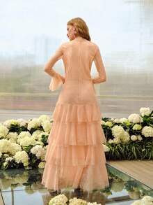 MOTF PREMIUM 女士浪漫荷叶边层叠蕾丝刺绣长裙，春夏款 - 淺粉色 - 查看 4