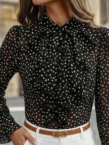 SHEIN Clasi 女士优雅波点印花荷叶领修身衬衫，适合工作和通勤，春秋季 - 彩色 - 查看 5