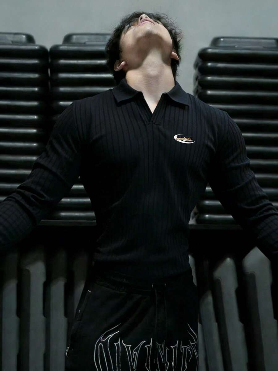 GymBeat Men's Letter Print Long Sleeve Sports Polo T-Shirt - Black - View 1