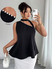 Elenzga Blusa asimétrica de hombro con decoración de perlas en corte evasé, talla grande para primavera/verano - Negro - Ver 1