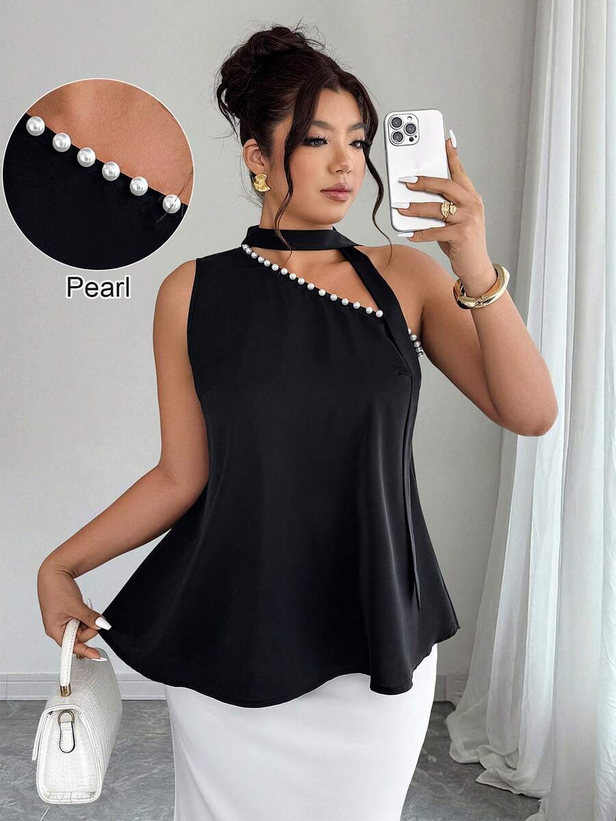 Elenzga Blusa asimétrica de hombro con decoración de perlas en corte evasé, talla grande para primavera/verano - Negro - Ver 1